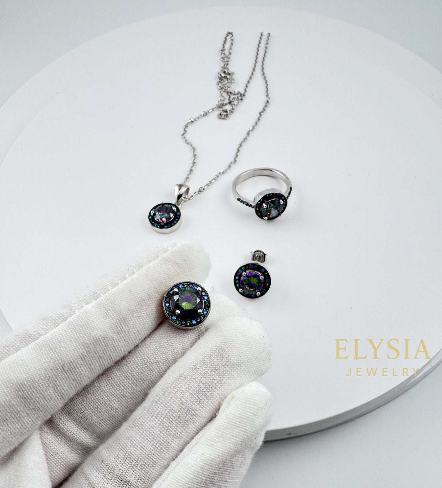 Mystic CZ Sterling Silver Jewelry Set — Ring, Earrings & Necklace (925, Platinum-Rhodium Plated)