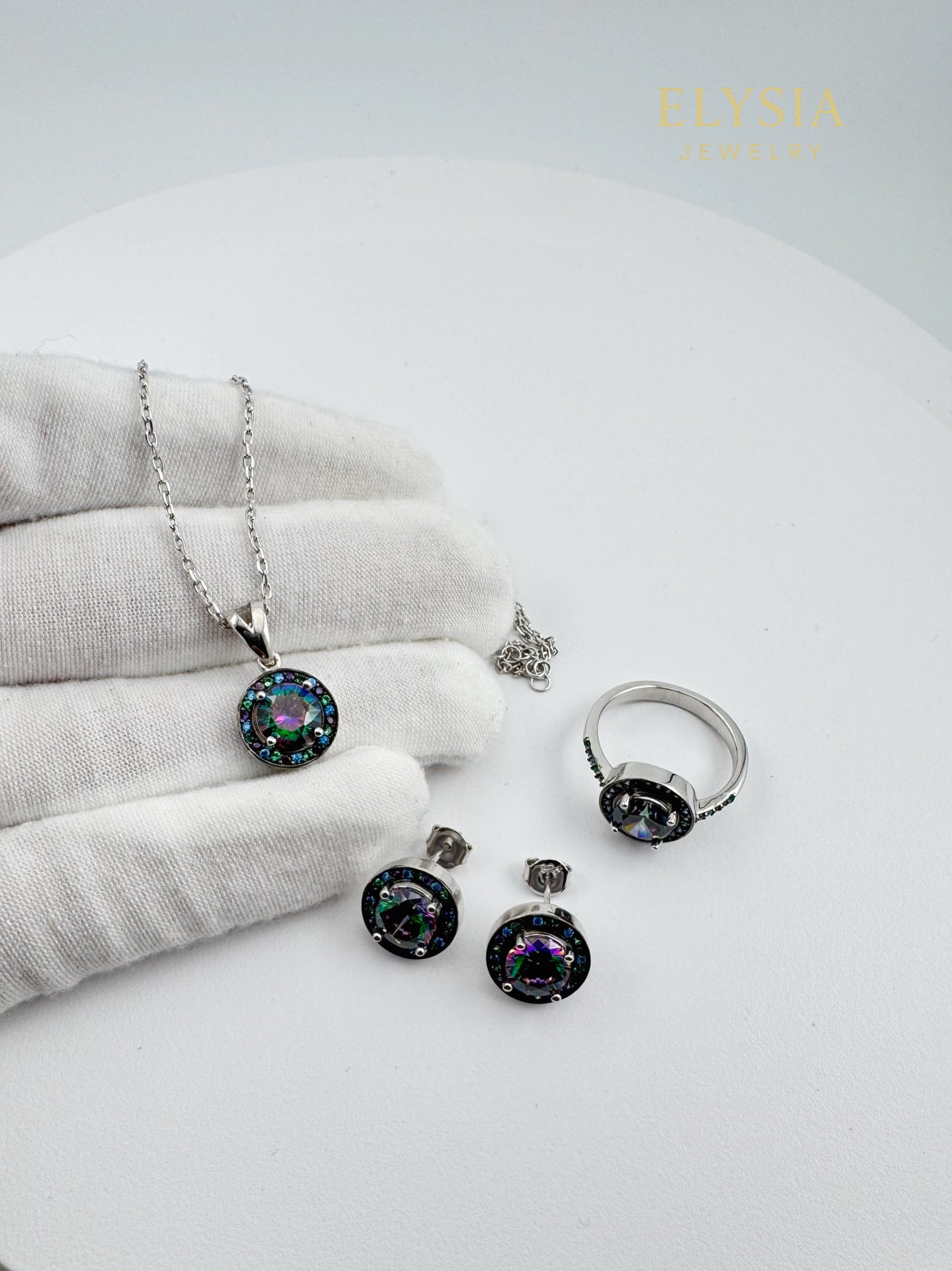 Mystic CZ Sterling Silver Jewelry Set — Ring, Earrings & Necklace (925, Platinum-Rhodium Plated)