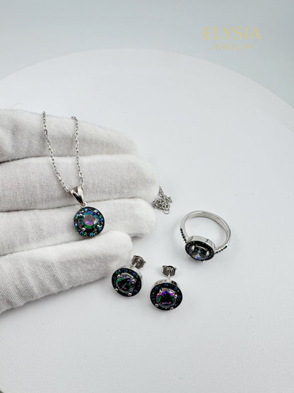 Mystic CZ Sterling Silver Jewelry Set — Ring, Earrings & Necklace (925, Platinum-Rhodium Plated)