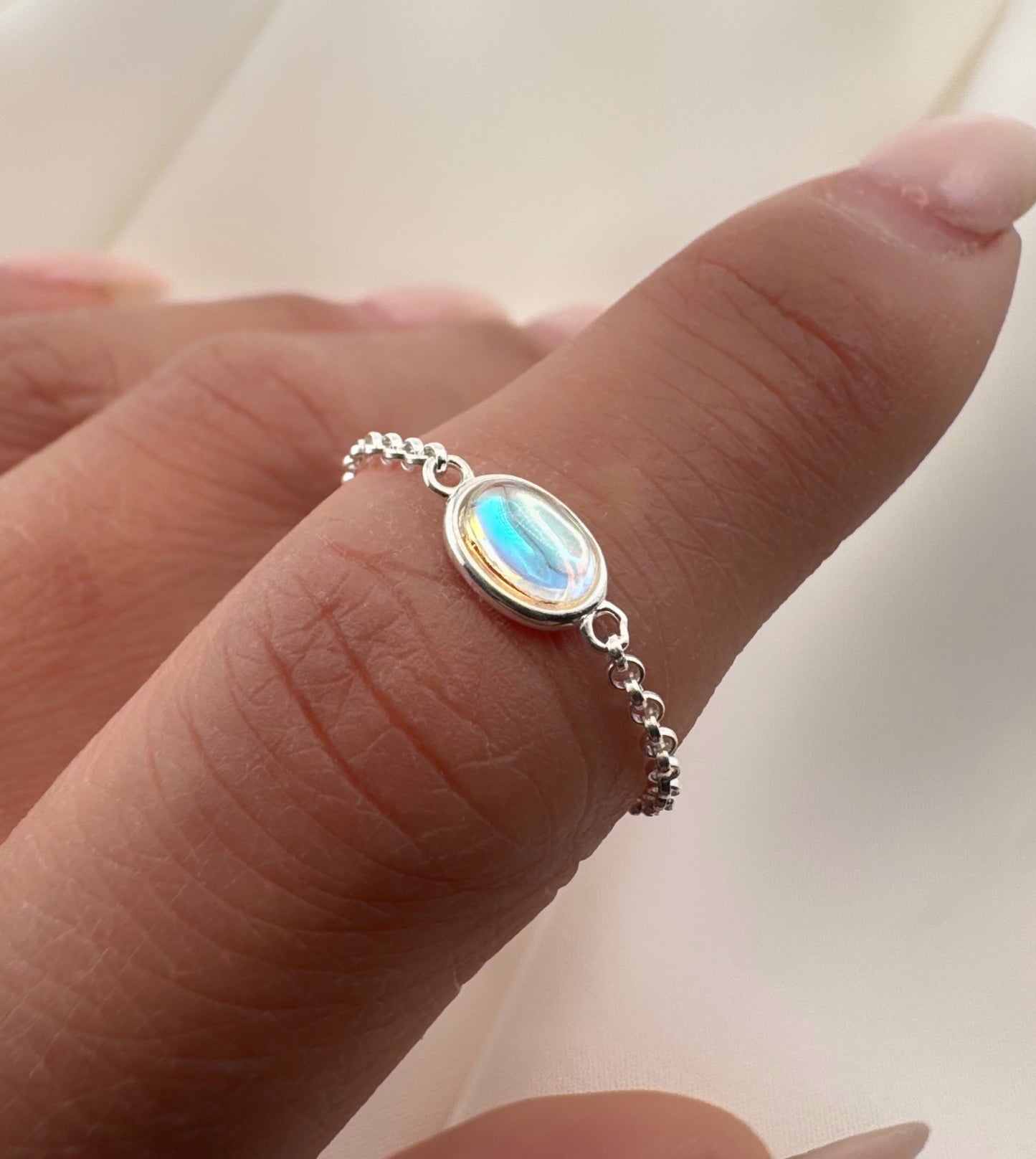 Moonstone Chain Ring – Adjustable 925 Sterling Silver Ring