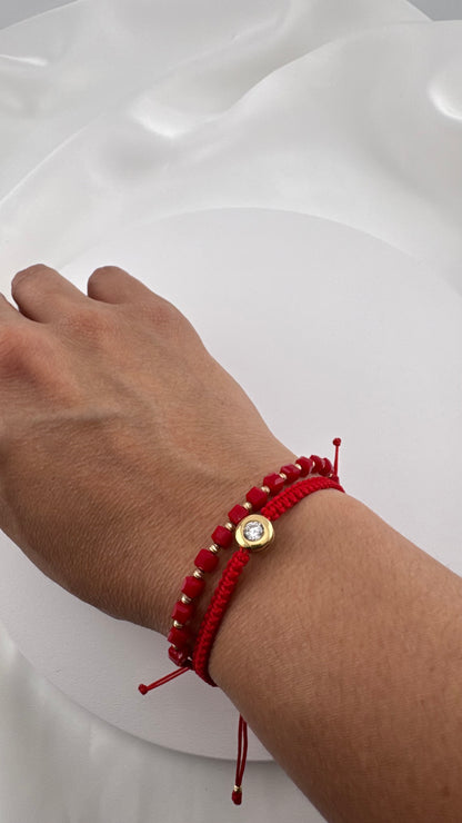 14K Solid Gold Red String Bracelet with Cubic Zirconia