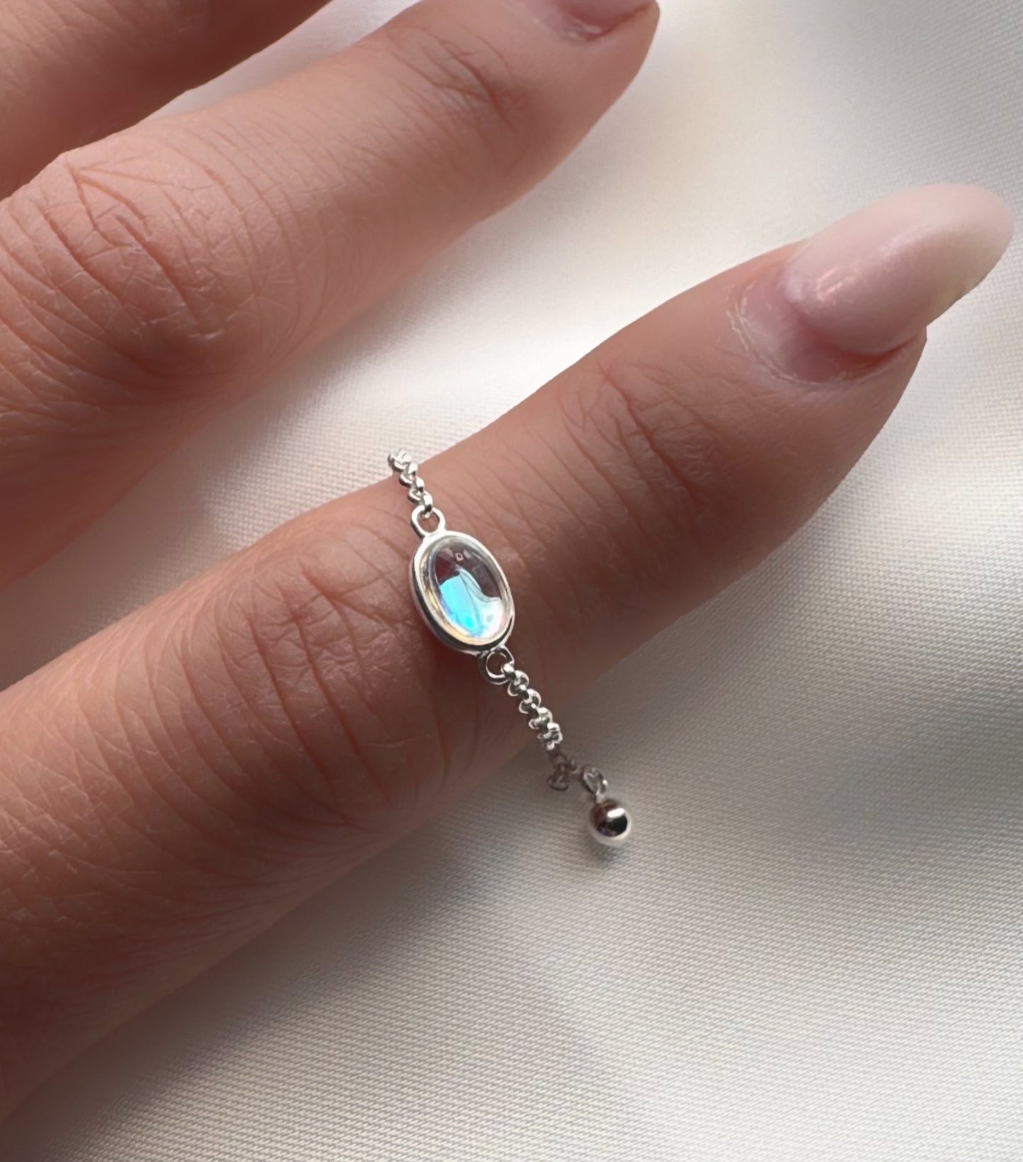 Moonstone Chain Ring – Adjustable 925 Sterling Silver Ring