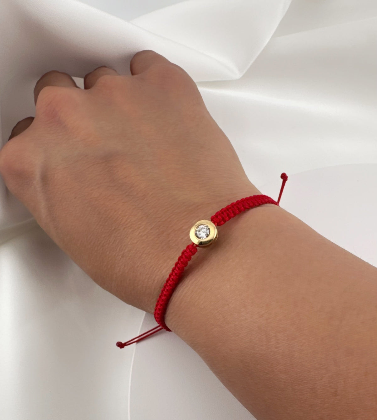14K Solid Gold Red String Bracelet with Cubic Zirconia