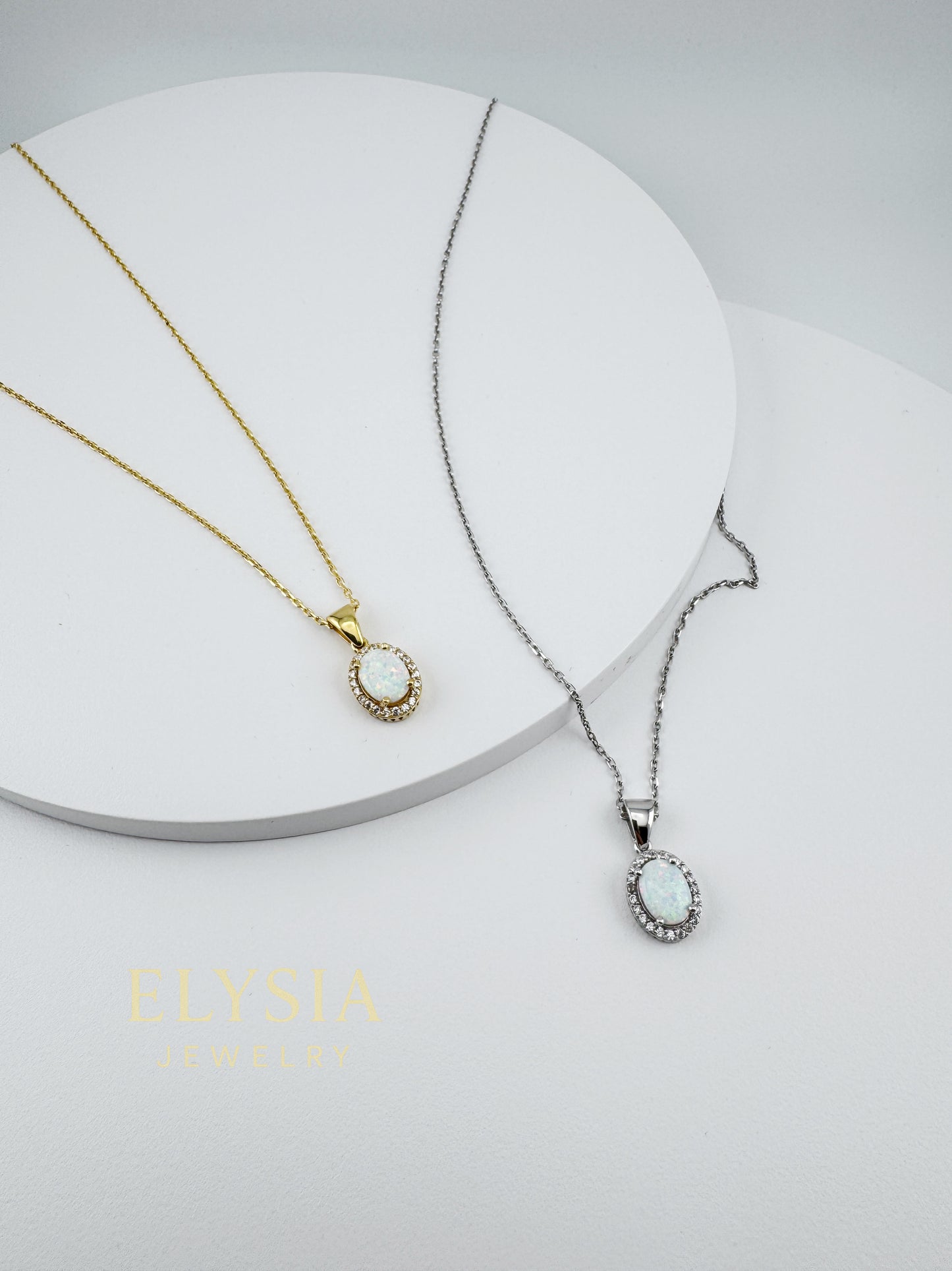 White Opal Halo Necklace – 925 Sterling Silver | Rhodium / 18K Gold Plated
