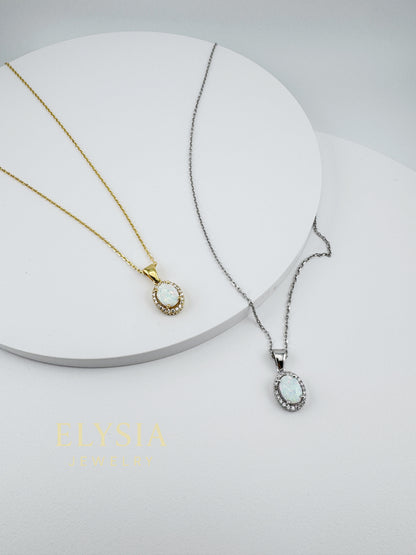 White Opal Halo Necklace – 925 Sterling Silver | Rhodium / 18K Gold Plated