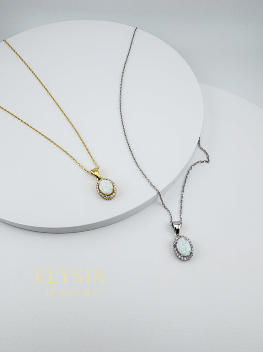 White Opal Halo Necklace – 925 Sterling Silver | Rhodium / 18K Gold Plated