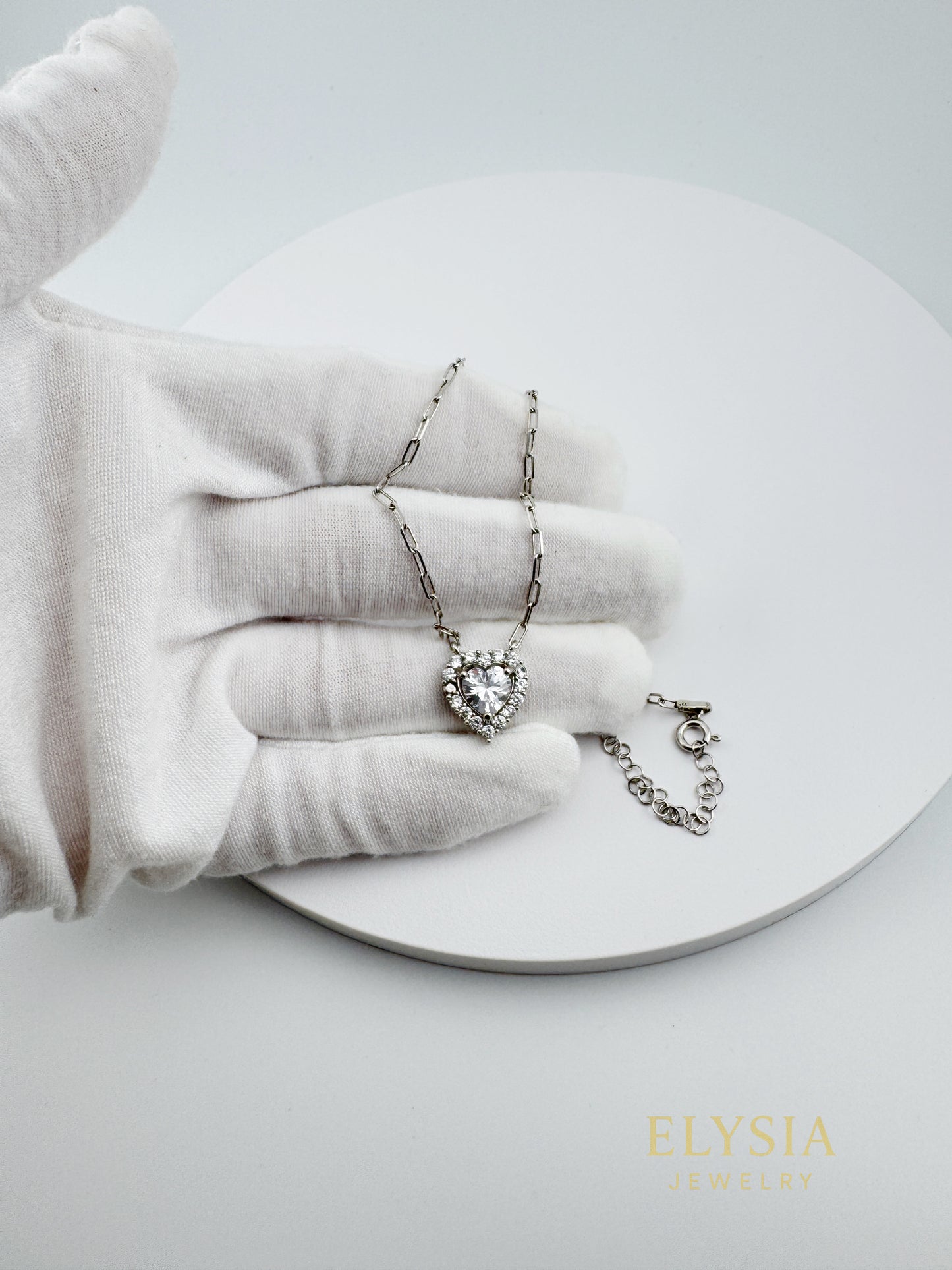 Heart Solitaire Necklace in 925 Sterling Silver — Platinum Rhodium Finish • 14” Dainty Chain