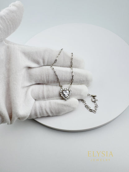 Heart Solitaire Necklace in 925 Sterling Silver — Platinum Rhodium Finish • 14” Dainty Chain
