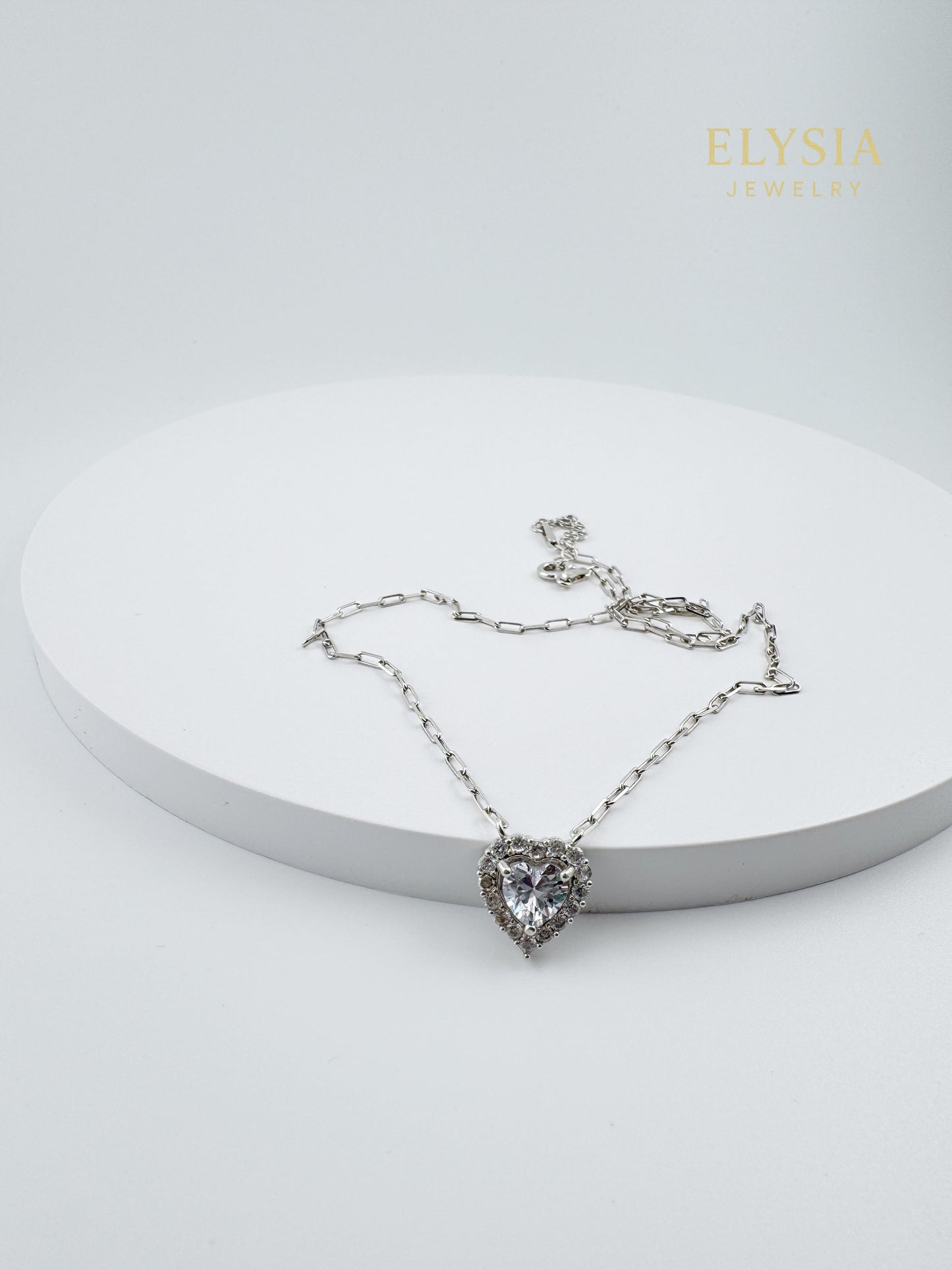Heart Solitaire Necklace in 925 Sterling Silver — Platinum Rhodium Finish • 14” Dainty Chain
