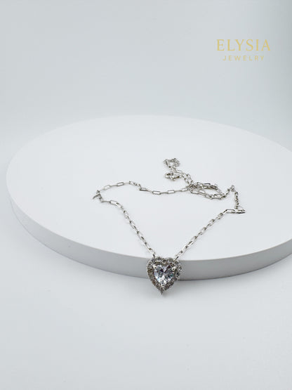 Heart Solitaire Necklace in 925 Sterling Silver — Platinum Rhodium Finish • 14” Dainty Chain