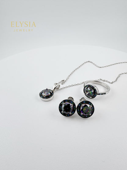 Mystic CZ Sterling Silver Jewelry Set — Ring, Earrings & Necklace (925, Platinum-Rhodium Plated)