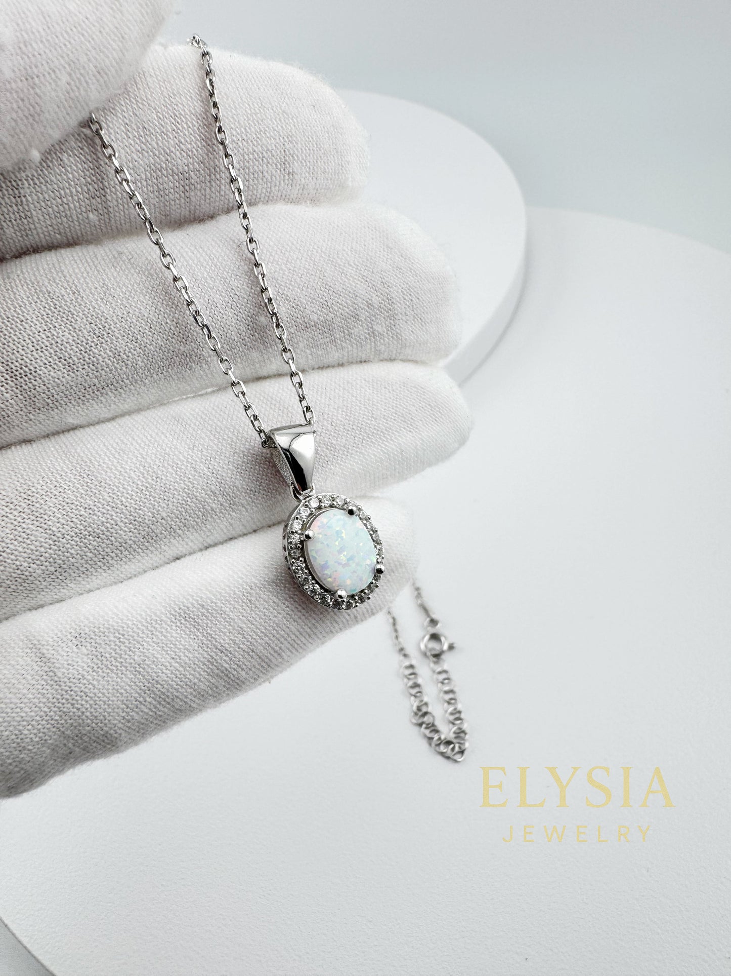 White Opal Halo Necklace – 925 Sterling Silver | Rhodium / 18K Gold Plated