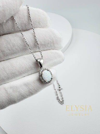 White Opal Halo Necklace – 925 Sterling Silver | Rhodium / 18K Gold Plated