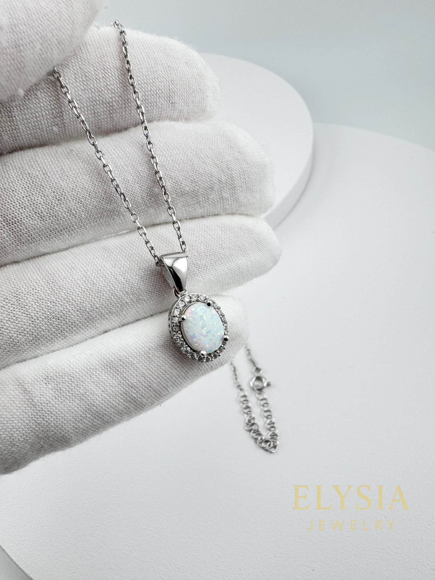 White Opal Halo Necklace – 925 Sterling Silver | Rhodium / 18K Gold Plated