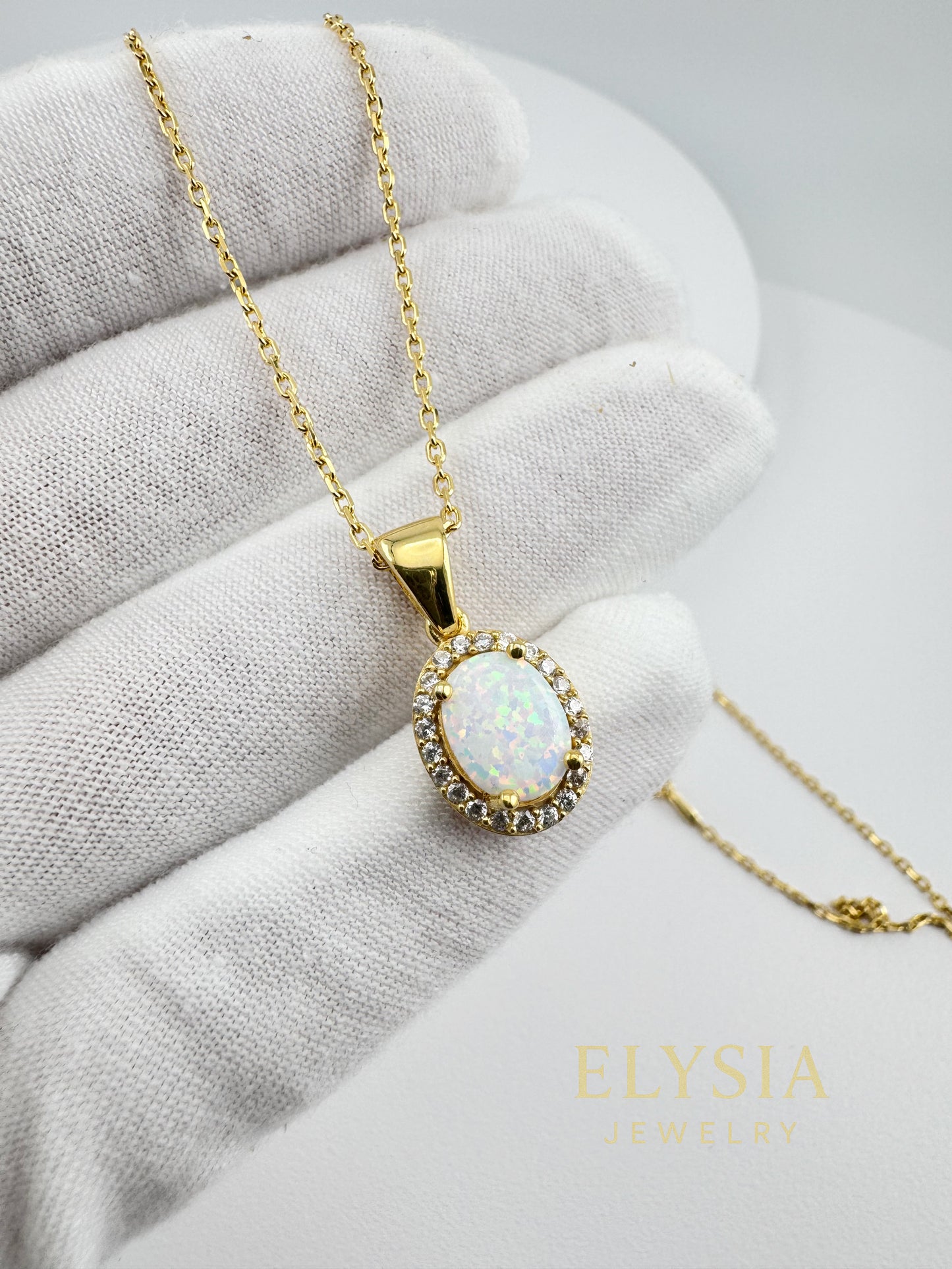 White Opal Halo Necklace – 925 Sterling Silver | Rhodium / 18K Gold Plated