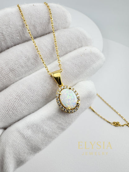 White Opal Halo Necklace – 925 Sterling Silver | Rhodium / 18K Gold Plated