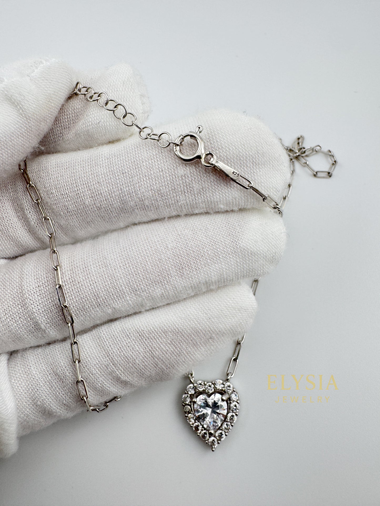 Heart Solitaire Necklace in 925 Sterling Silver — Platinum Rhodium Finish • 14” Dainty Chain
