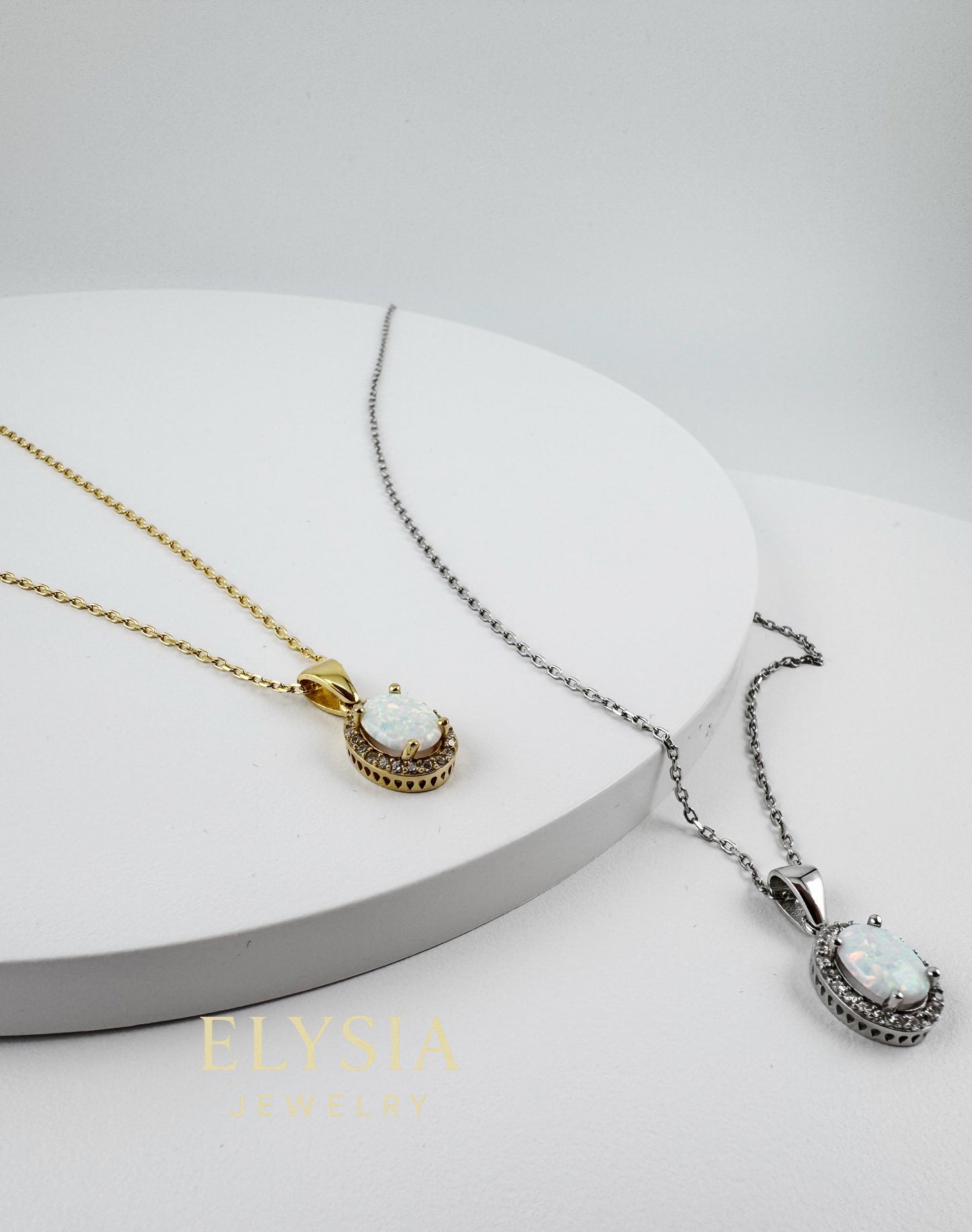 White Opal Halo Necklace – 925 Sterling Silver | Rhodium / 18K Gold Plated