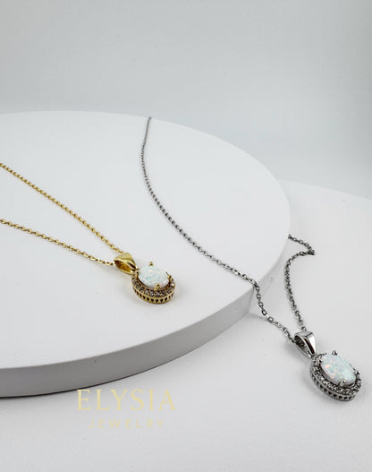 White Opal Halo Necklace – 925 Sterling Silver | Rhodium / 18K Gold Plated