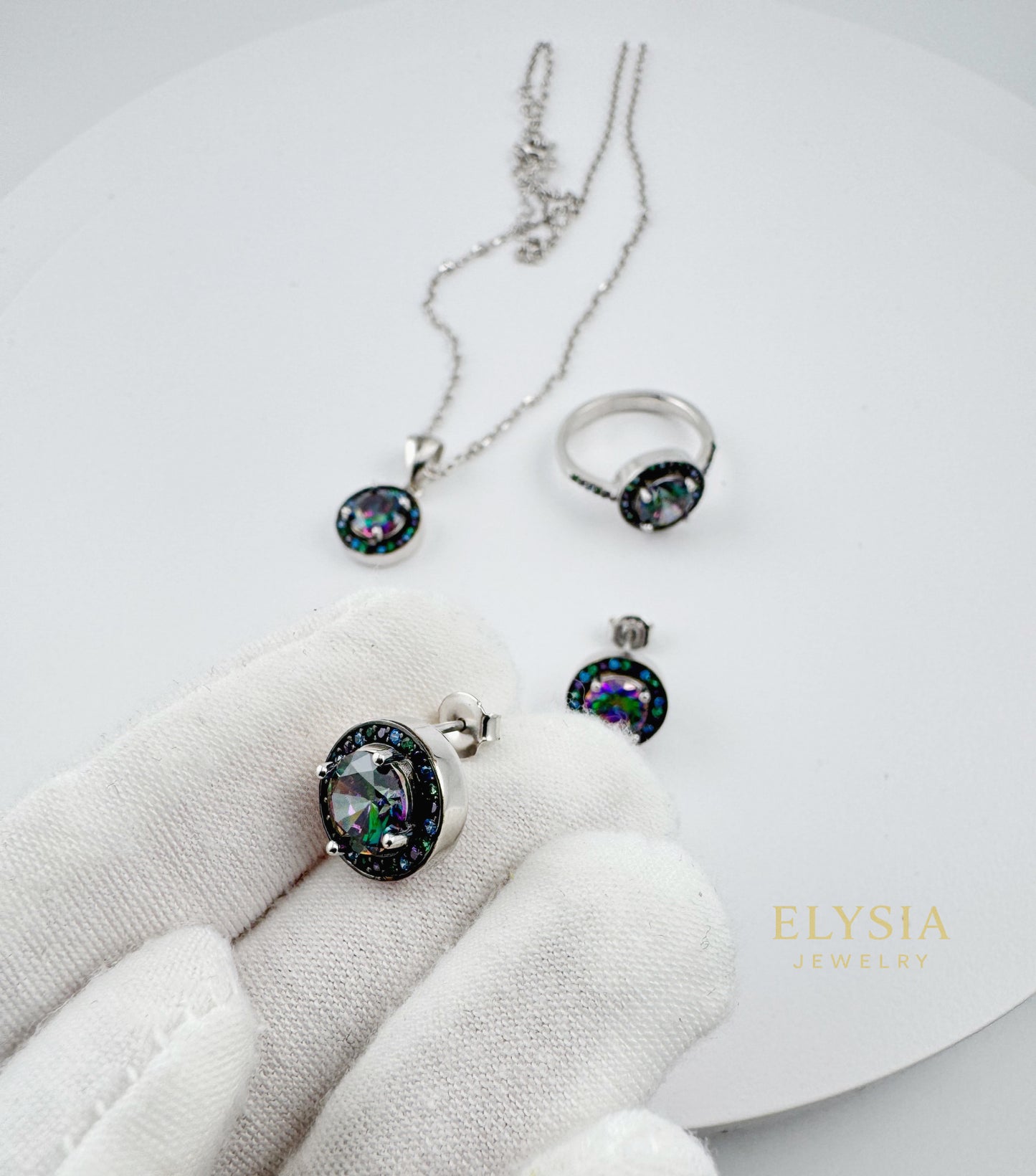 Mystic CZ Sterling Silver Jewelry Set — Ring, Earrings & Necklace (925, Platinum-Rhodium Plated)