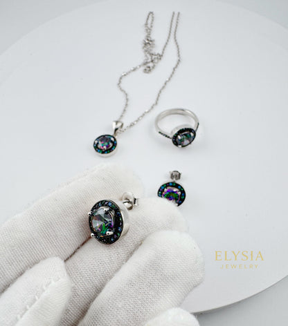 Mystic CZ Sterling Silver Jewelry Set — Ring, Earrings & Necklace (925, Platinum-Rhodium Plated)