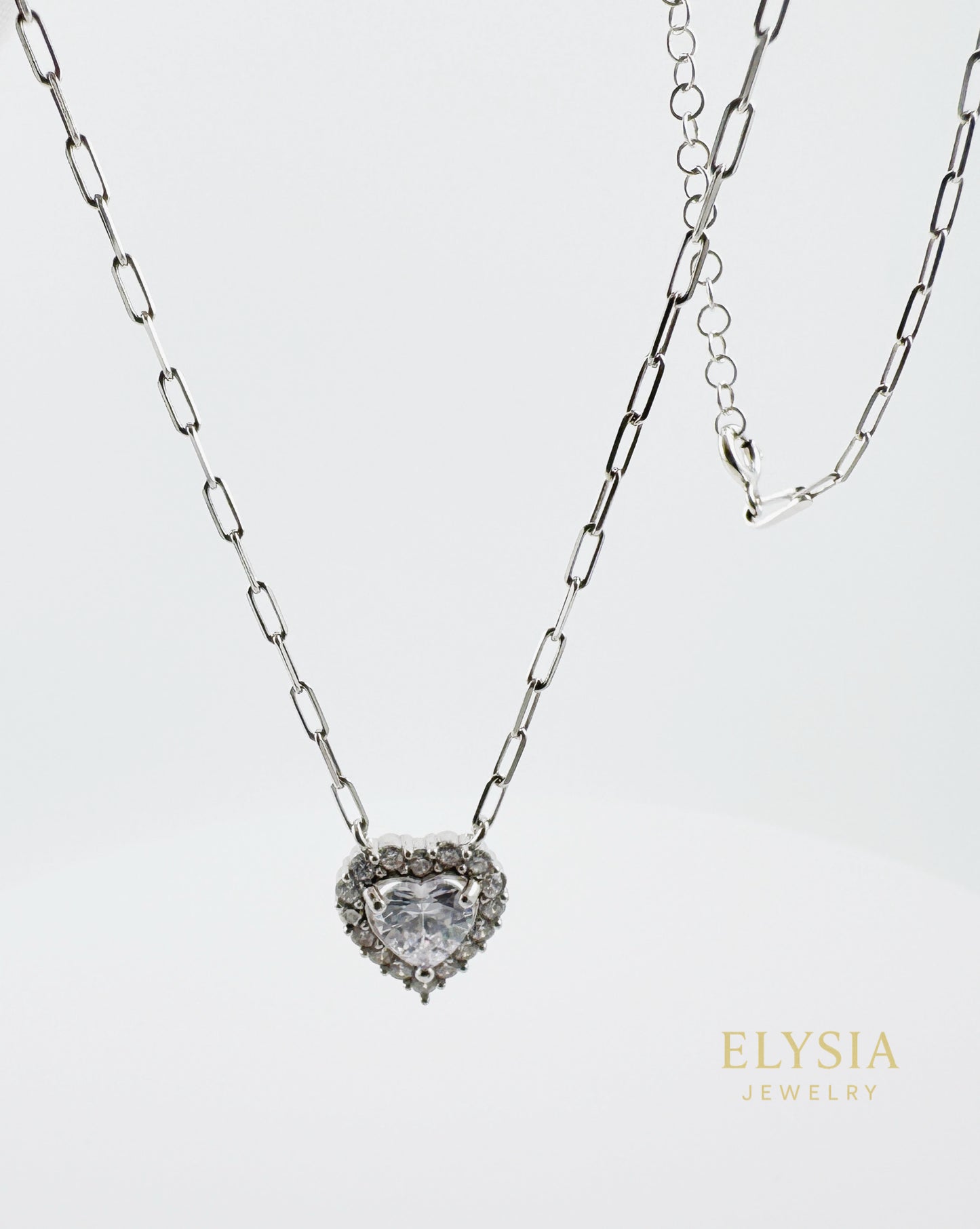 Heart Solitaire Necklace in 925 Sterling Silver — Platinum Rhodium Finish • 14” Dainty Chain