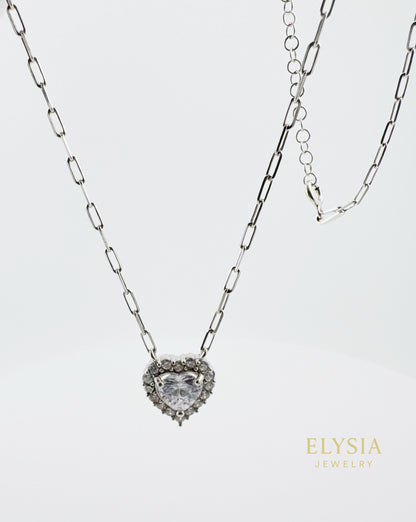 Heart Solitaire Necklace in 925 Sterling Silver — Platinum Rhodium Finish • 14” Dainty Chain