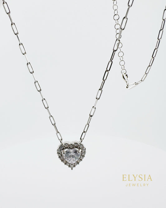 Heart Solitaire Necklace in 925 Sterling Silver — Platinum Rhodium Finish • 14” Dainty Chain