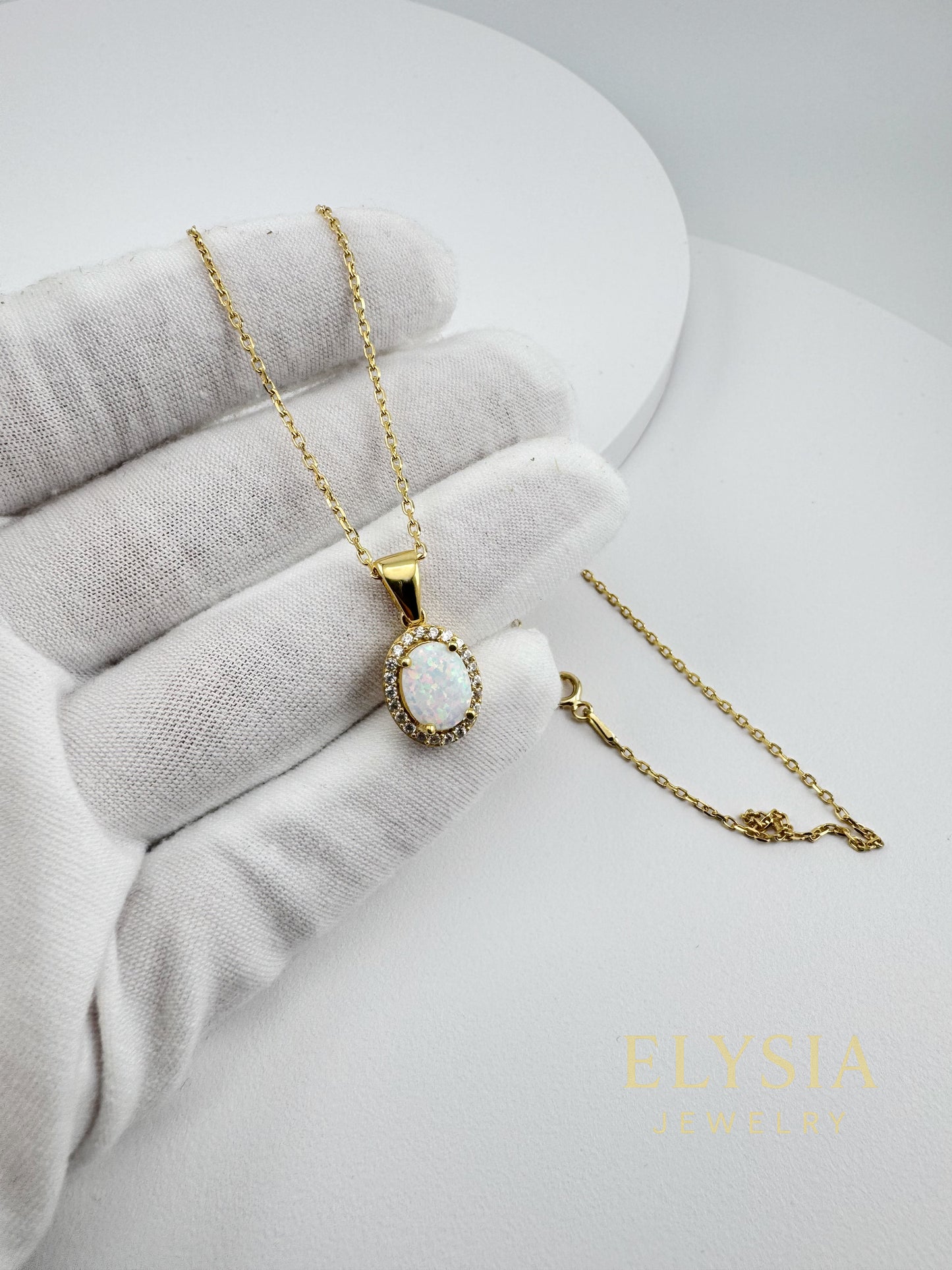 White Opal Halo Necklace – 925 Sterling Silver | Rhodium / 18K Gold Plated