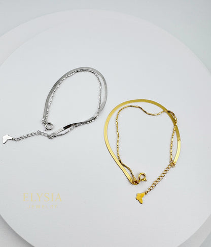 18K Gold Plated S925 Double-Layer Bracelet — Minimalist Snake & Bead Chain