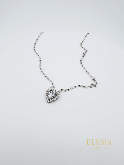 Heart Solitaire Necklace in 925 Sterling Silver — Platinum Rhodium Finish • 14” Dainty Chain