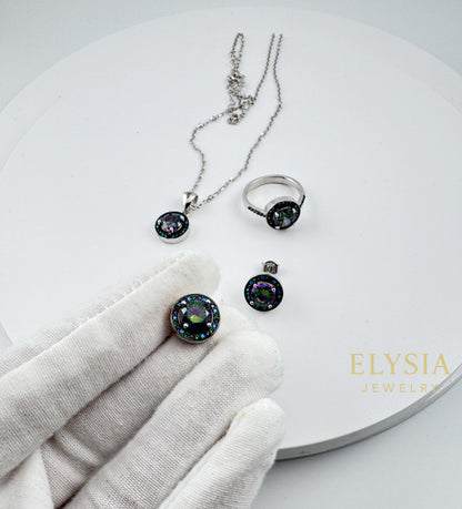 Mystic CZ Sterling Silver Jewelry Set — Ring, Earrings & Necklace (925, Platinum-Rhodium Plated)