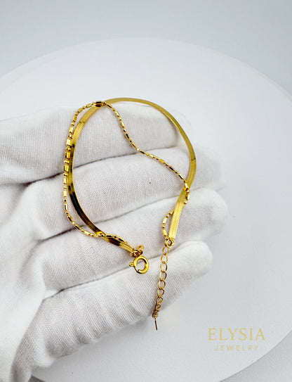 18K Gold Plated S925 Double-Layer Bracelet — Minimalist Snake & Bead Chain