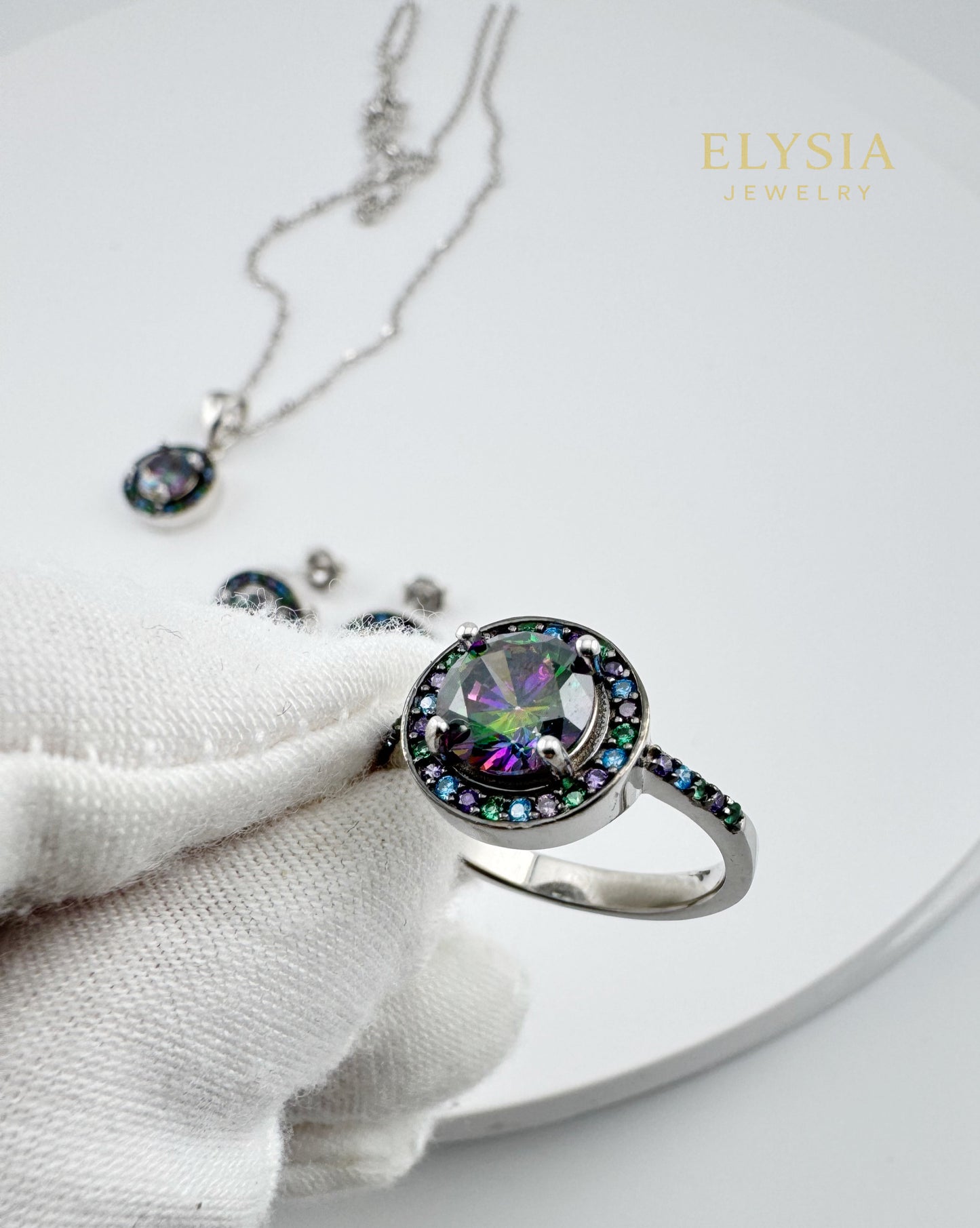 Mystic CZ Sterling Silver Jewelry Set — Ring, Earrings & Necklace (925, Platinum-Rhodium Plated)