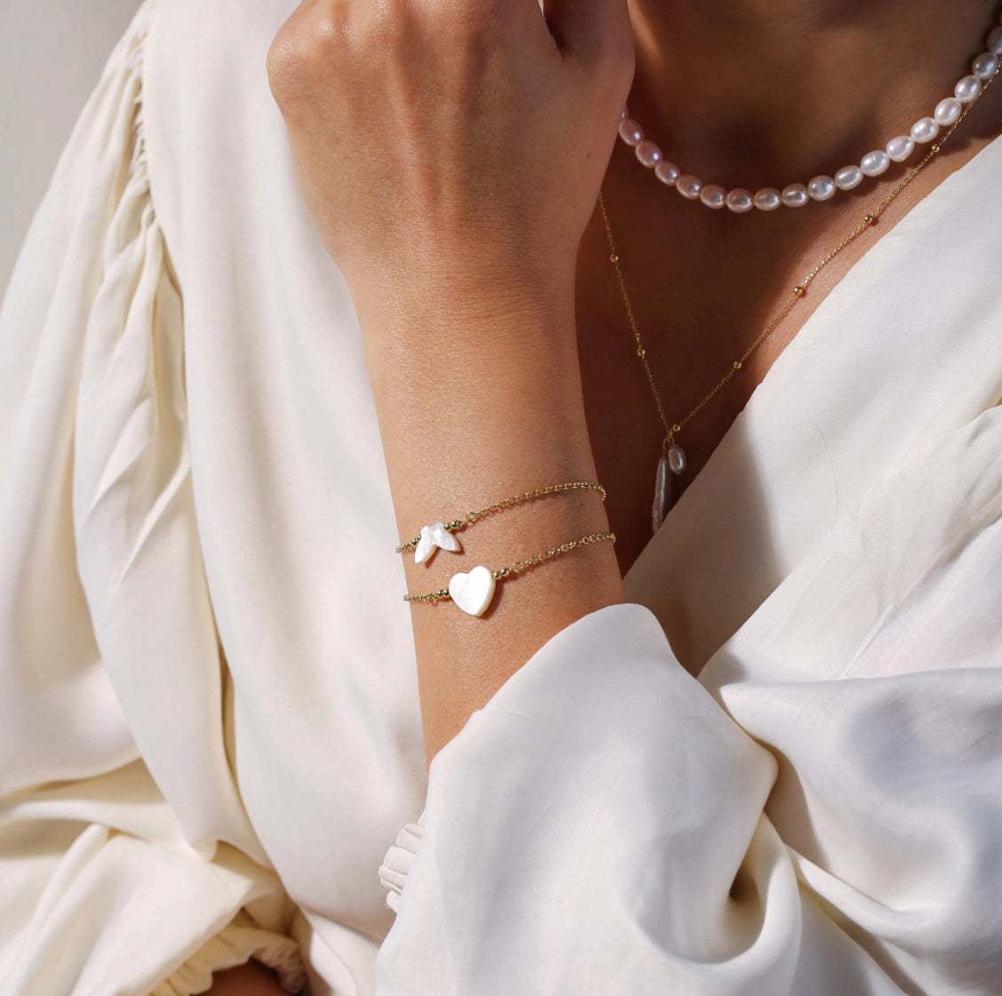 Heart Mother of Pearl Bracelet — 925 Sterling Silver