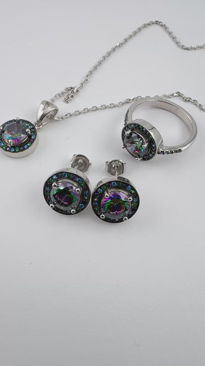 Mystic CZ Sterling Silver Jewelry Set — Ring, Earrings & Necklace (925, Platinum-Rhodium Plated)