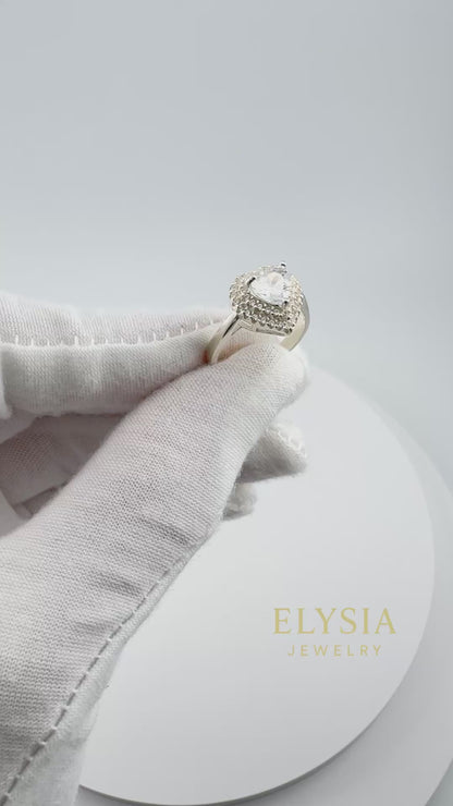 Heart-Shaped CZ Cocktail Ring – 925 Sterling Silver, Platinum Rhodium Plated