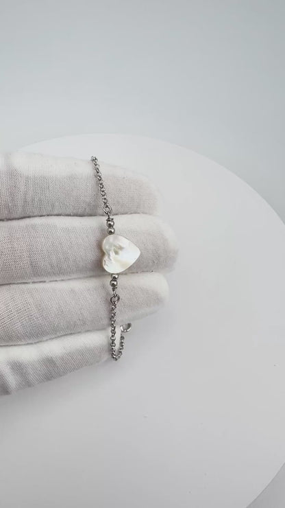 Heart Mother of Pearl Bracelet — 925 Sterling Silver