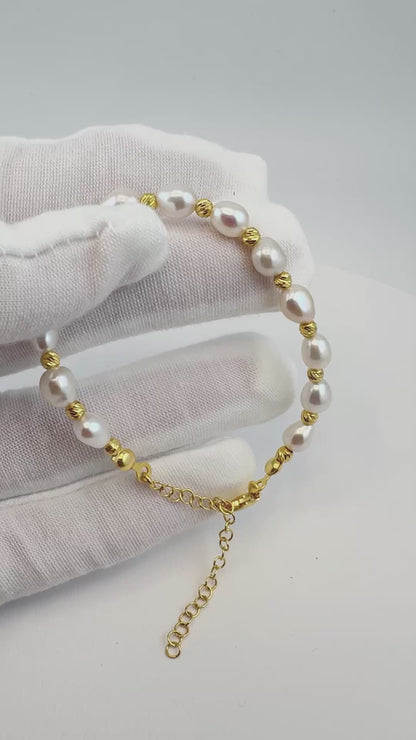 Dual-Tone Freshwater Pearl Bracelet-925 Silver & Gold Accents | Elysia Jewelry