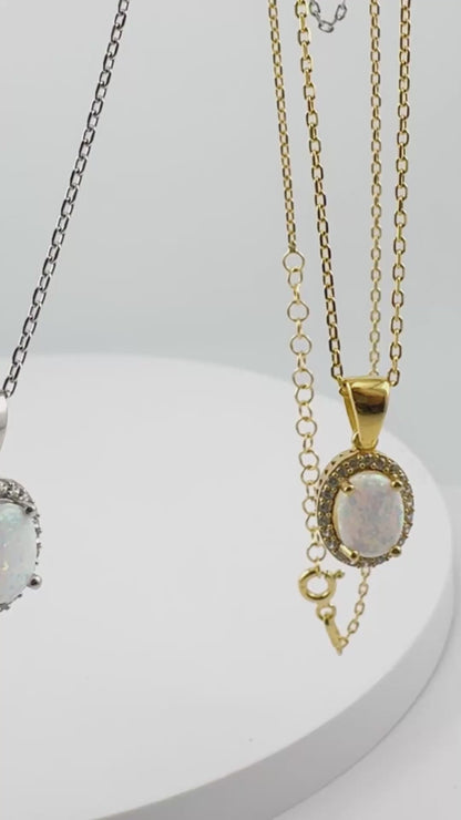 White Opal Halo Necklace – 925 Sterling Silver | Rhodium / 18K Gold Plated