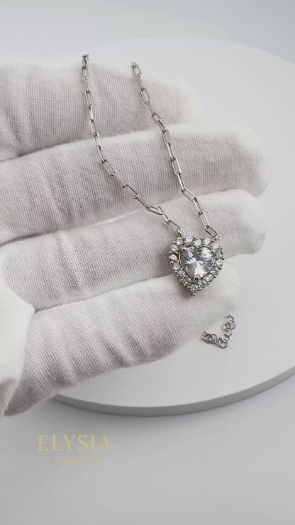 Heart Solitaire Necklace in 925 Sterling Silver — Platinum Rhodium Finish • 14” Dainty Chain